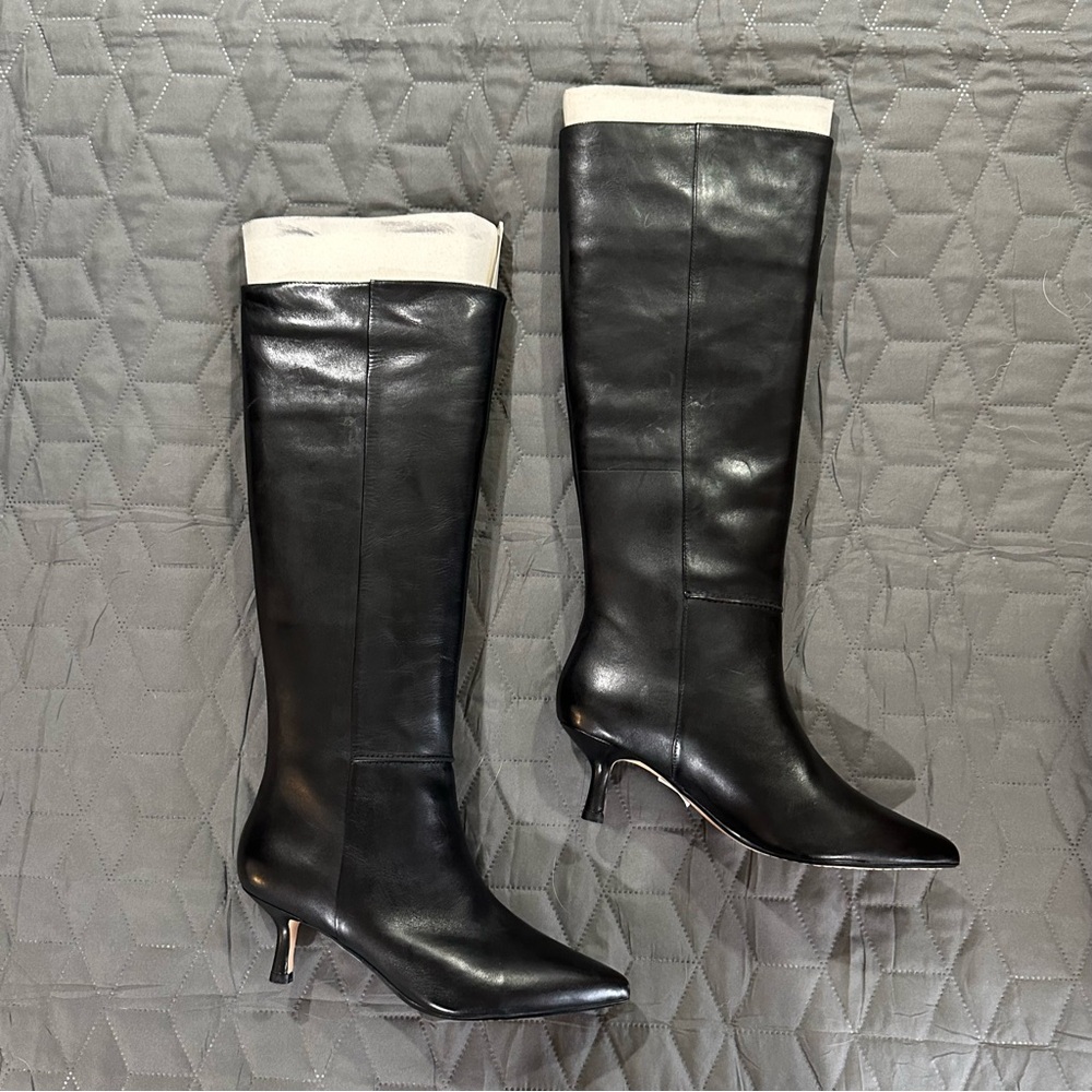 Clarks Black Leather Knee-High Heeled Boots with Cream Lining